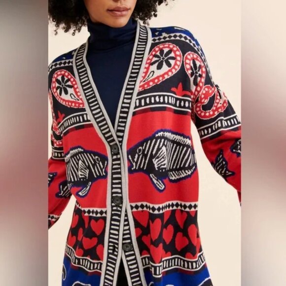 FARM Rio Navy Mixed Prints Fish Knit Cardigan Size L - Picture 4 of 4